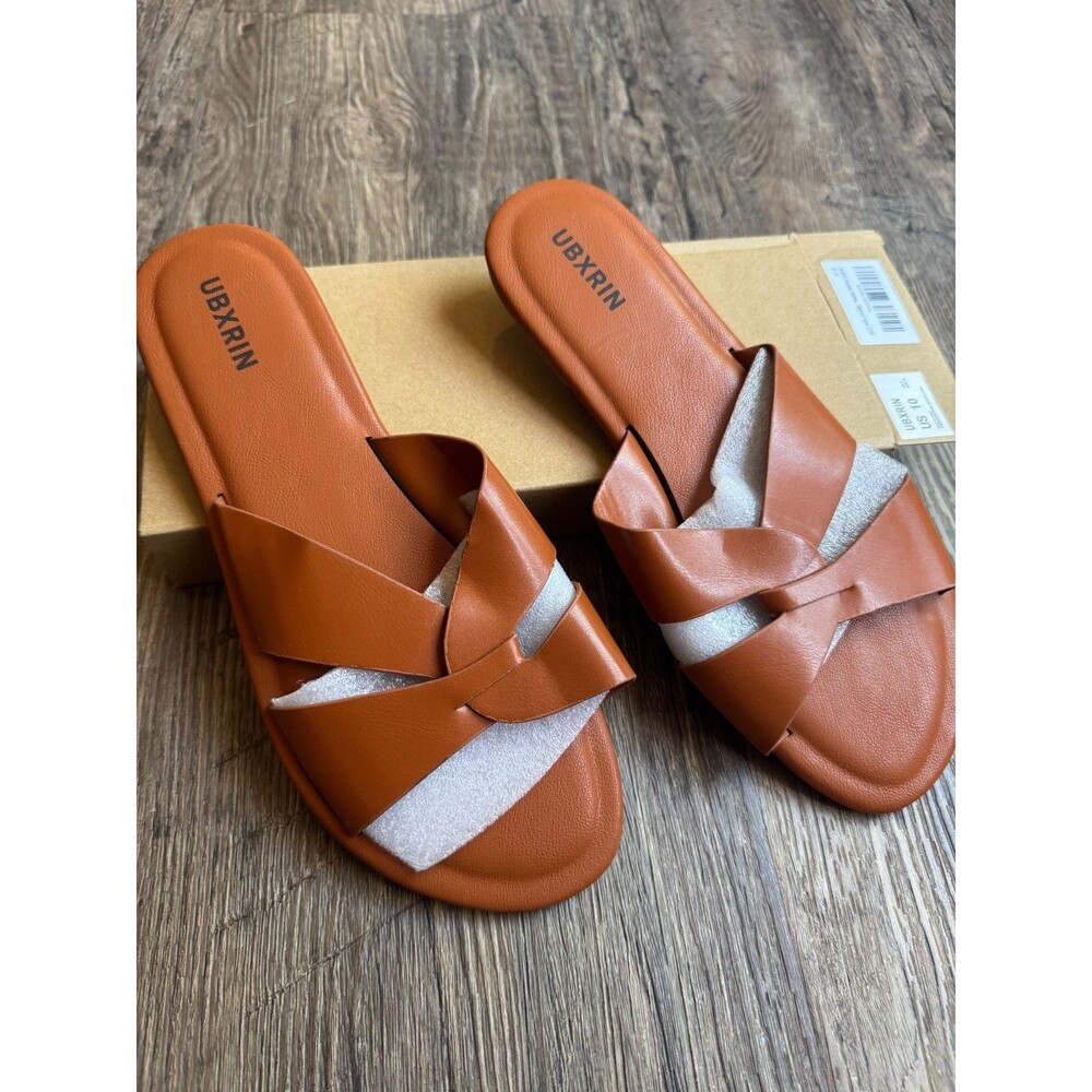 Women’s Flat Sandals Size 10 Cognac Minimalist Cross Strap Summer Slip On